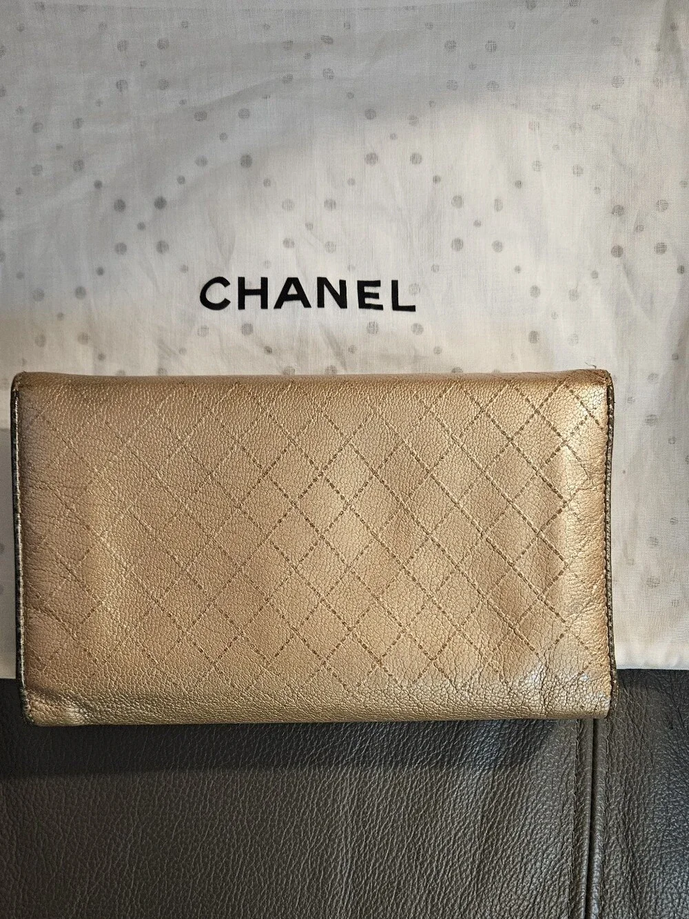 CHANEL Metallic Gold Quilted Leather Wallet